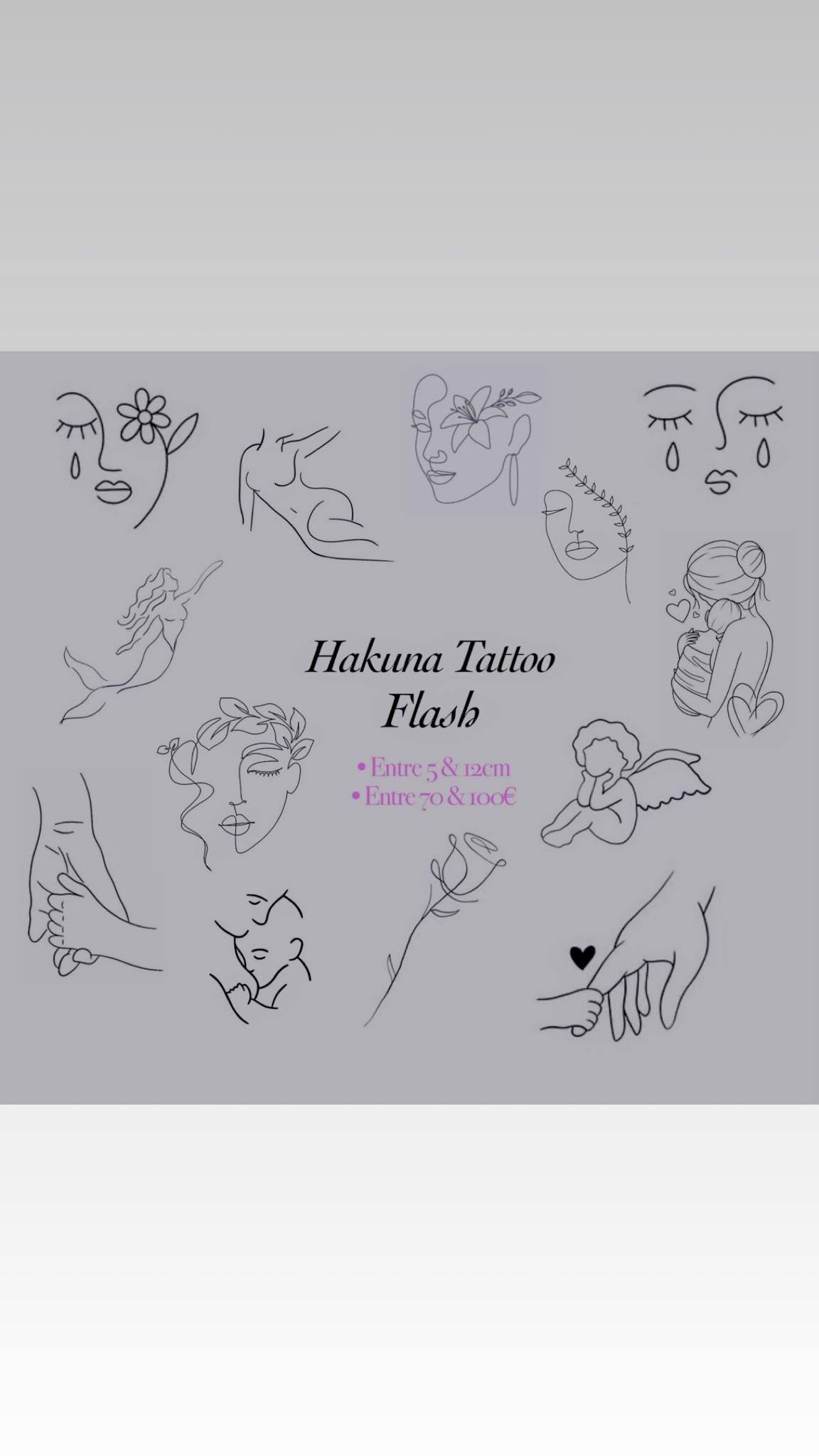 Planche flash tatouage Hakuna Tattoo lineart - visages de femmes, sirene, ange, rose, maman, fineline elegant