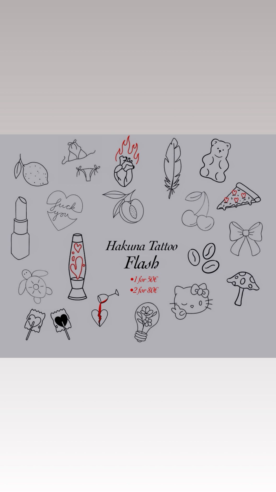 Planche flash tatouage Hakuna Tattoo - citron, peach, cerise, pizza, lipstick, lampe a lave, hello kitty, champignon, ourson, ruban, plume