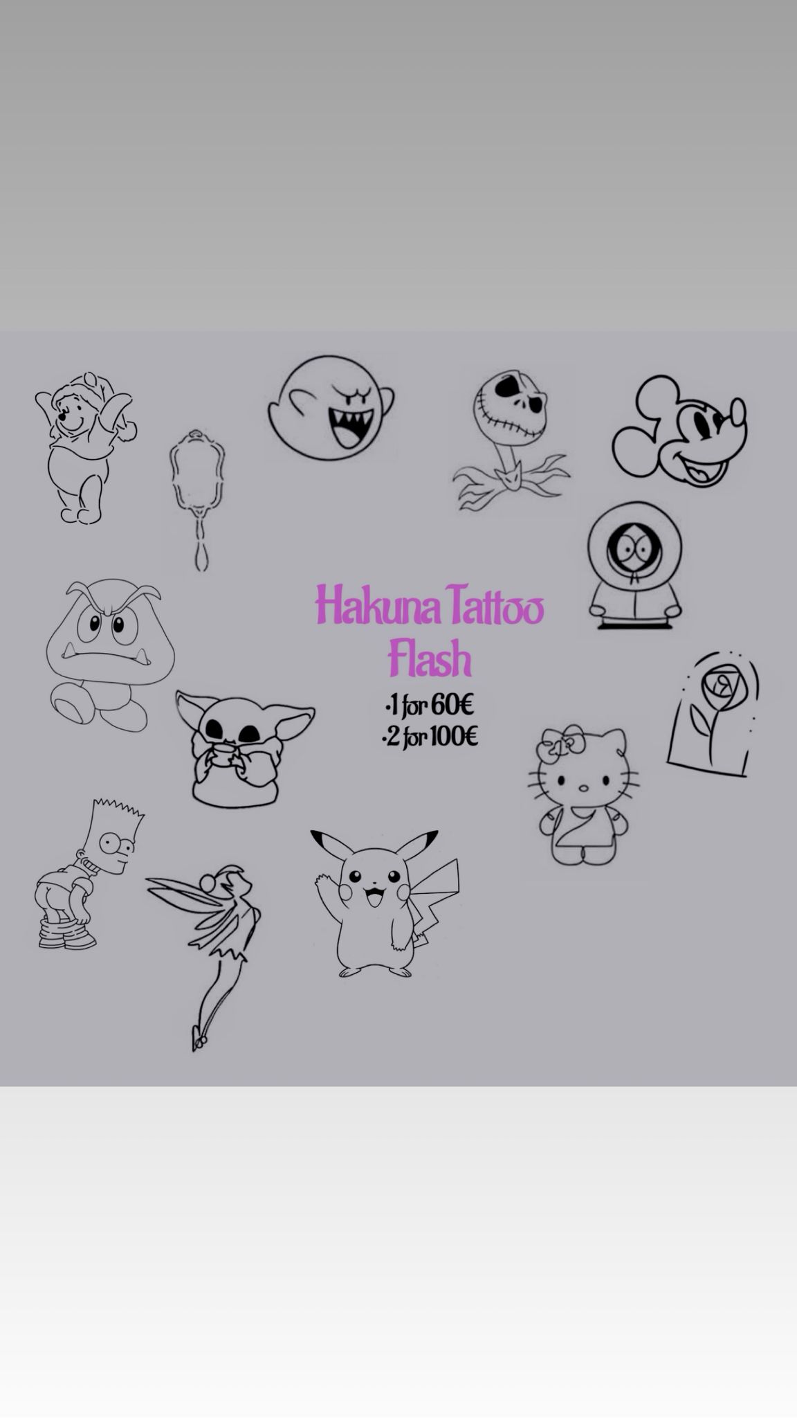Planche flash tatouage Hakuna Tattoo - Pikachu, Mickey, Hello Kitty, Bart Simpson, Baby Yoda, Tinkerbell, Boo Mario, Pooh, Jack Skellington