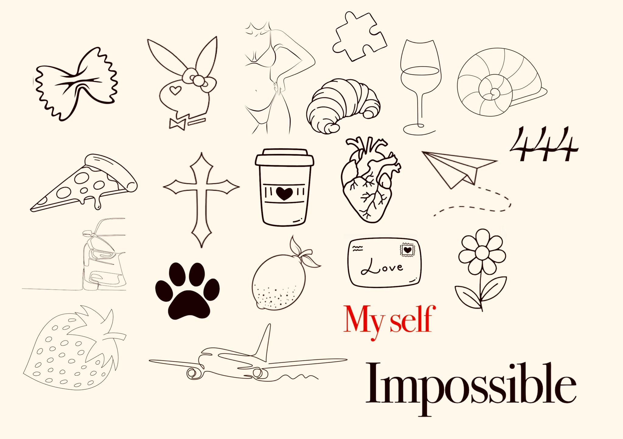 Planche flash tattoo Hakuna Tattoo Arpajon - pizza, croissant, cœur anatomique, avion papier, lapin, voiture, patte, citron, fraise, fleur, croix, avion, lettering My self, Impossible, 444