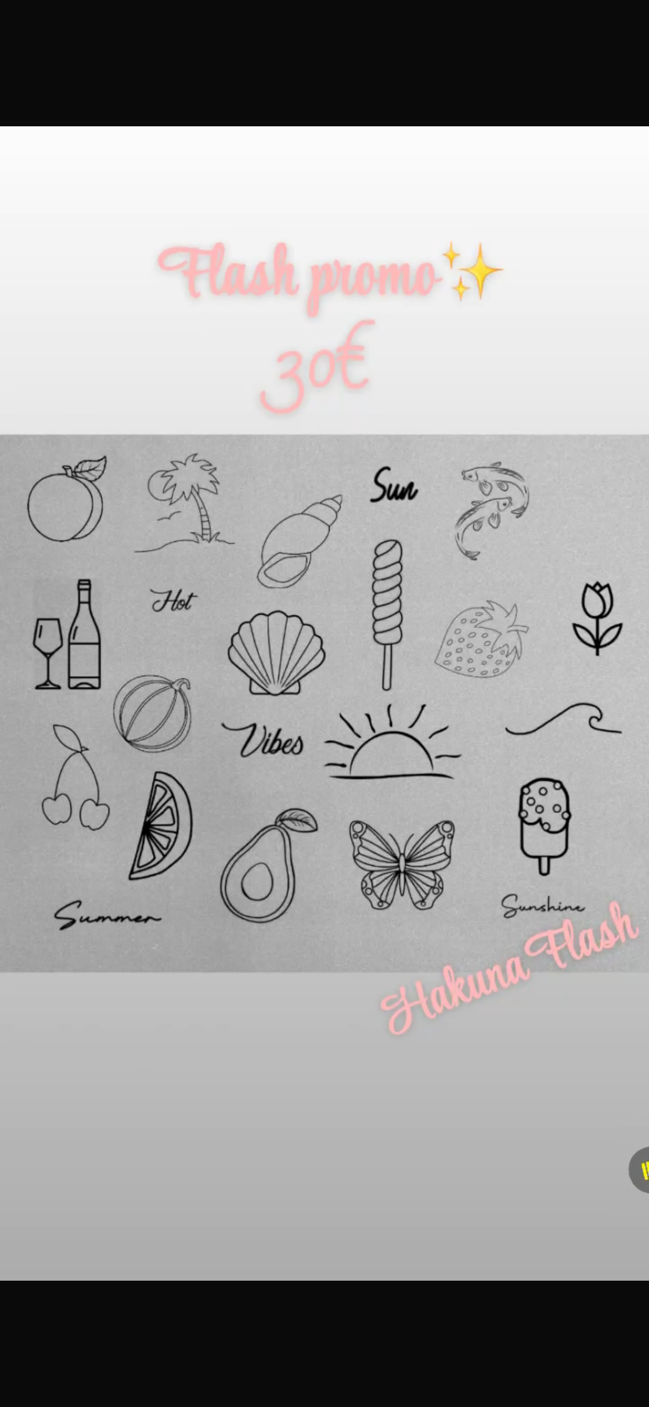 Planche de tatouages flash été — soleil, palmier, coquillage, papillon — à partir de 30€ chez Hakuna Tatoo