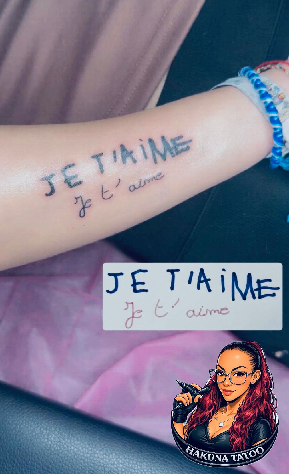 Tatouage lettering je t'aime en deux styles majuscules et cursive sur avant-bras Hakuna Tattoo